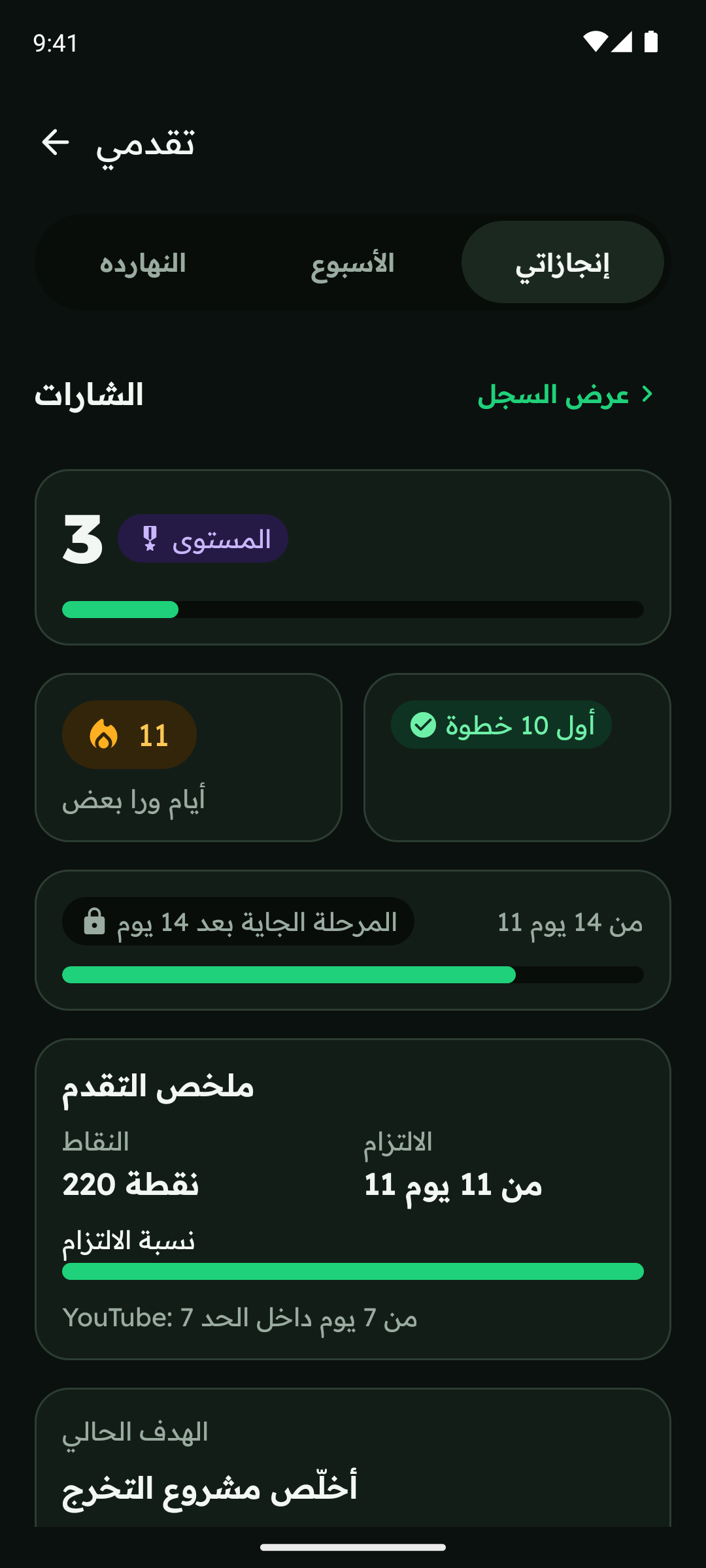 شاشة الإنجازات: المستوى 3، و11 يوم ورا بعض، و220 نقطة.